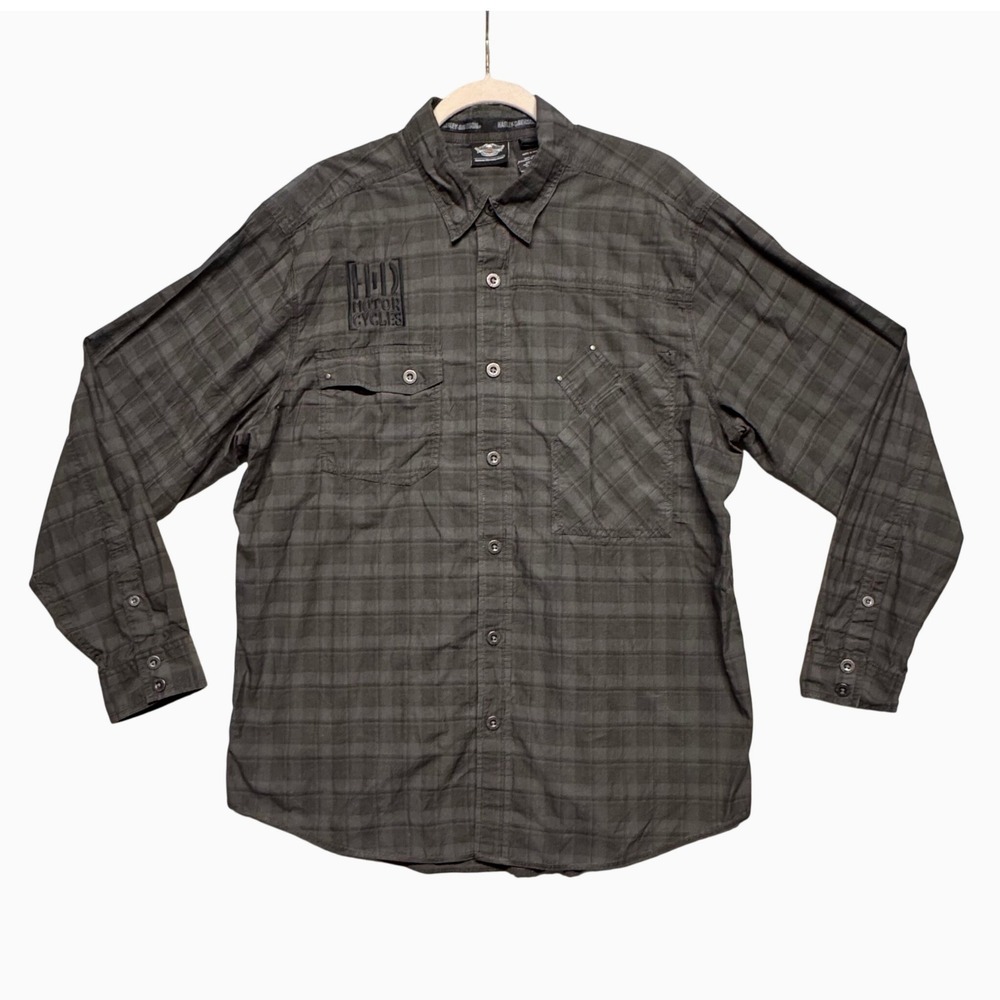 Harley Davidson Mens XL Grey/Black Plaid Long Sleeve Button Down Shirt w/‎ Logo